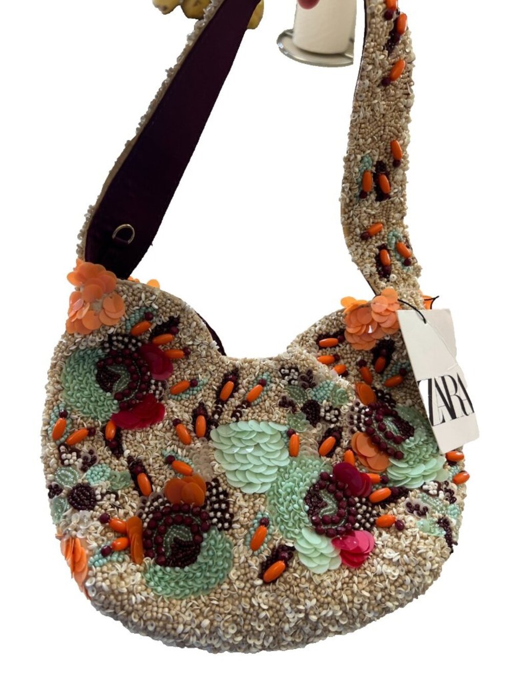 ZARA Womens Beaded Mini Bucket Bag Purse Sequined embellished Ecru 6587/510 NWT - Picture 5 of 9